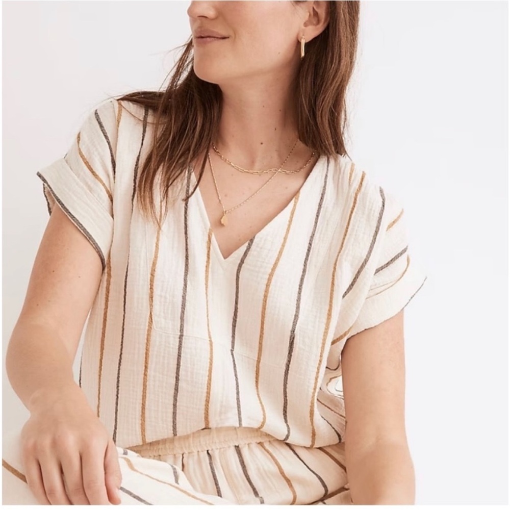 Madewell Cream Striped V-Neck Short Sleeve Top